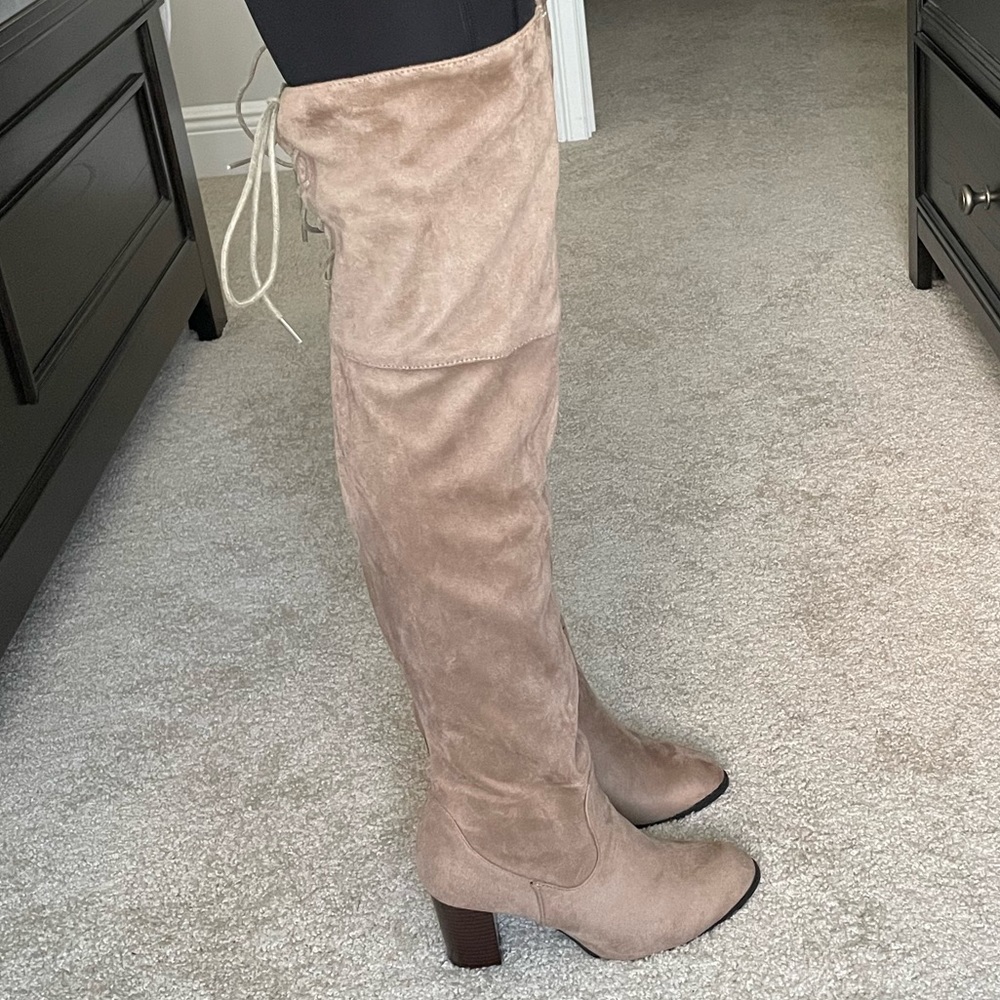 Qupid Taupe Over-the-Knee Suede Block Heel Boots - Picture 4 of 11